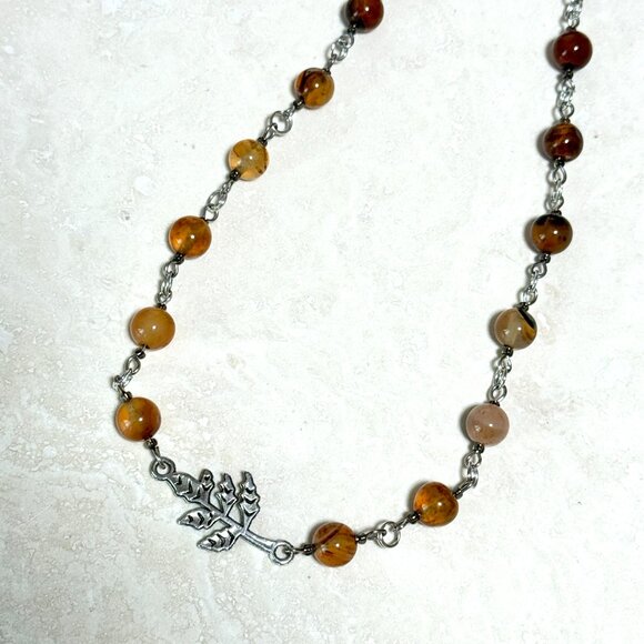 Genuine Earthy Carnelian Agate Short Necklace, Gemstone & Leaf Branch Pendant - Picture 7 of 15
